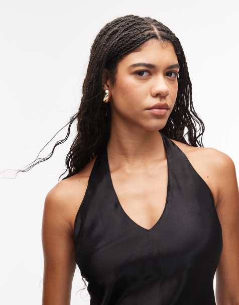 ASOS DESIGN satin scoop halter neck cami top in black