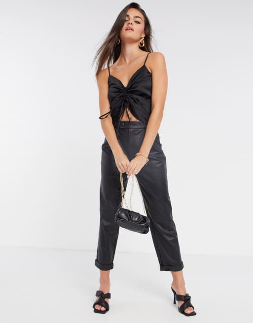 ASOS DESIGN – Czarny satynowy top na ramiączkach z marszczonym przodem, 4 z 4