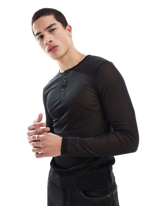 ASOS DESIGN – Czarny siateczkowy T-shirt o kroju podkreślającym sylwetkę z długim rękawem i dekoltem henley
