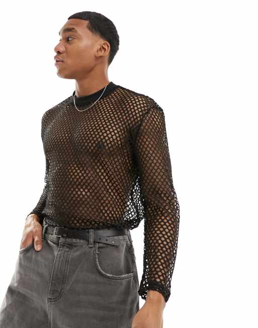 ASOS DESIGN – Czarny siateczkowy T-shirt o luźnym kroju z długim rękawem i ażurowym splotem