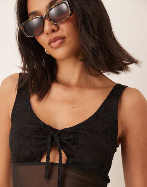 ASOS DESIGN – Czarny siateczkowy top na ramiączkach z koronką, 3 z 4