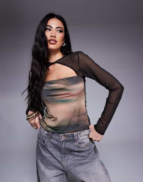 ASOS DESIGN – Czarny siateczkowy top z długimi rękawami, ozdobnymi guzikami i abstrakcyjnym wzorem - view 1
