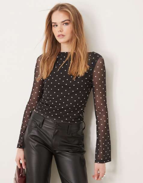ASOS DESIGN polka dot sheer mesh angel sleeve top in black