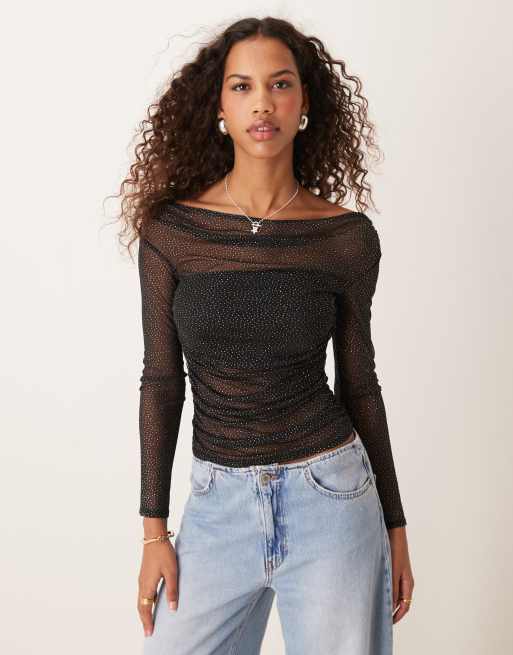 ASOS DESIGN – Czarny siateczkowy zbierany top z odsłoniętymi ramionami i brokatowym wykończeniem