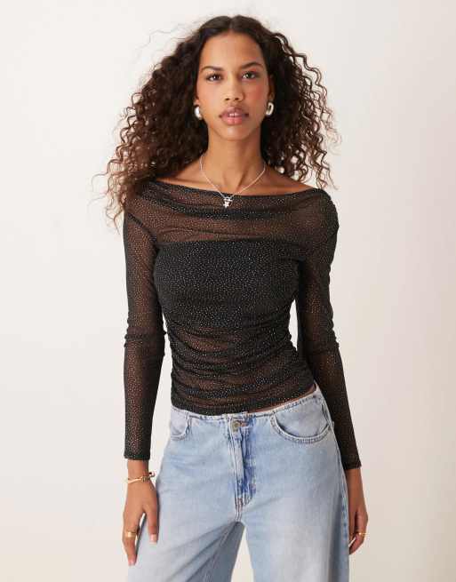 ASOS DESIGN – Czarny siateczkowy zbierany top z odsłoniętymi ramionami i brokatowym wykończeniem