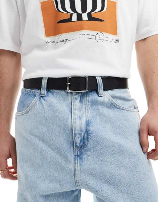ASOS DESIGN – Czarny skórzany pasek z kwadratową srebrną sprzączką