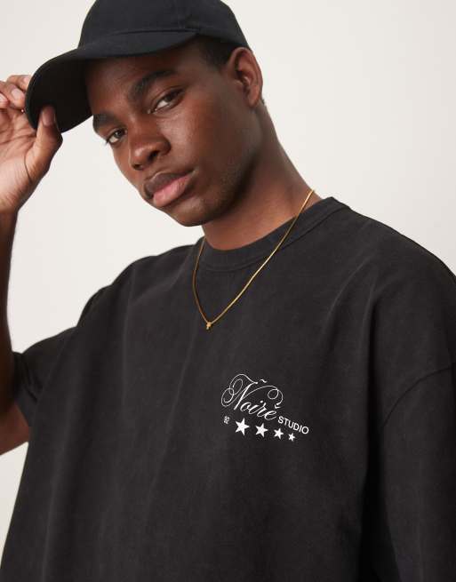 ASOS DESIGN – Czarny sprany gruby T-shirt o pudełkowym kroju oversize 220 g/m² z nadrukiem z napisem
