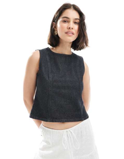 ASOS DESIGN denim tank top with front seams in washed black