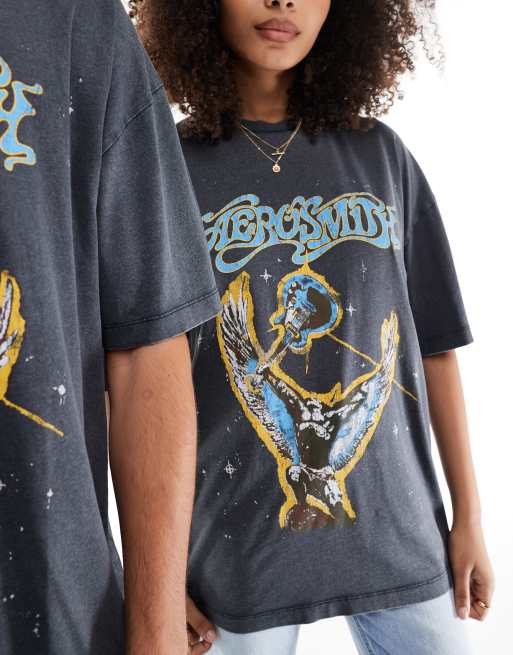 ASOS DESIGN – Czarny sprany T-shirt oversize unisex z licencjonowanym nadrukiem Aerosmith, 3 z 4