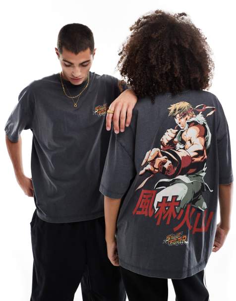 ASOS DESIGN – Czarny sprany T-shirt oversize unisex z licencjonowanym nadrukiem Street Fighter - view 1