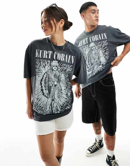 ASOS DESIGN – Czarny sprany T-shirt oversize unisex z licencjonowanymi nadrukami z Kurtem Cobainem