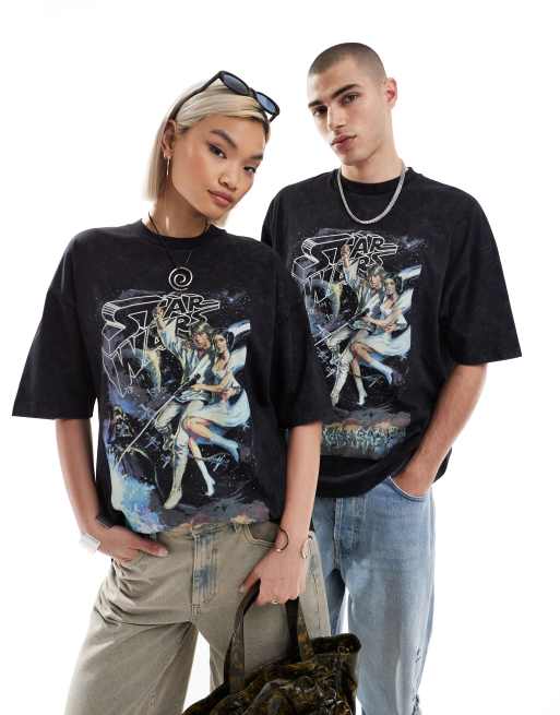 ASOS DESIGN – Czarny sprany T-shirt oversize z licencjonowaną grafiką z motywem „Gwiezdne Wojny“