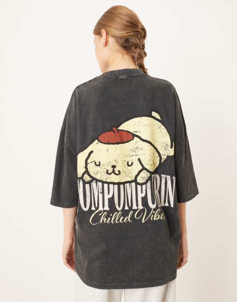 ASOS DESIGN – Czarny sprany T-shirt unisex o kroju oversize z nadrukiem Pompompurina firmy Sanrio - view 1