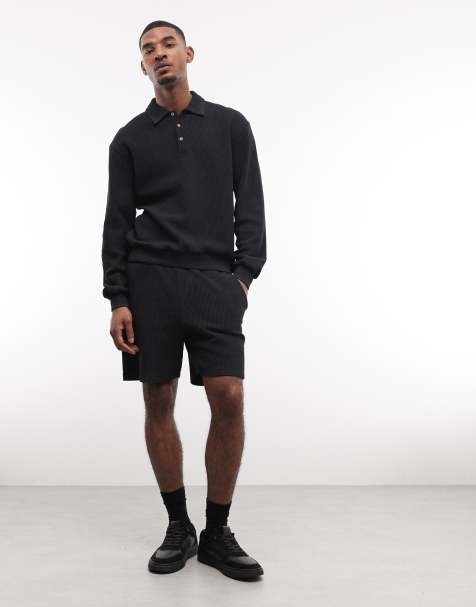 ASOS DESIGN – Czarny sprany zestaw z prążkowanego dżerseju: luźna koszulka polo i szorty - view 1