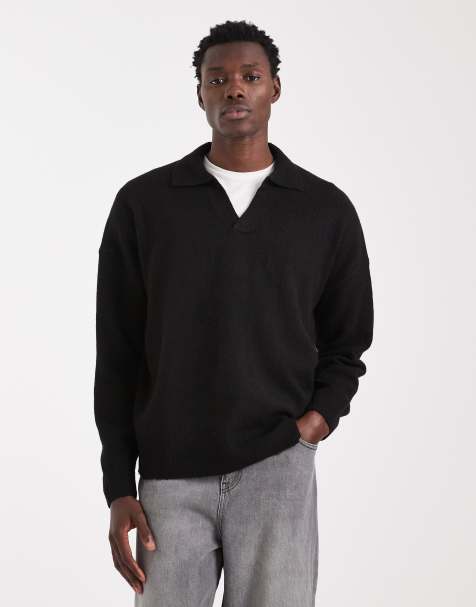 ASOS DESIGN oversized brushed knitted notch neck jumper in black