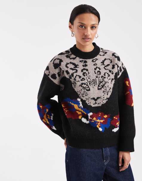 ASOS DESIGN – Czarny sweter we wzór z motywem pantery i kwiatów - view 1