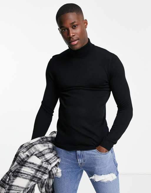 ASOS DESIGN – Czarny sweter z golfem z wełny merynosów o kroju podkreślającym sylwetkę 