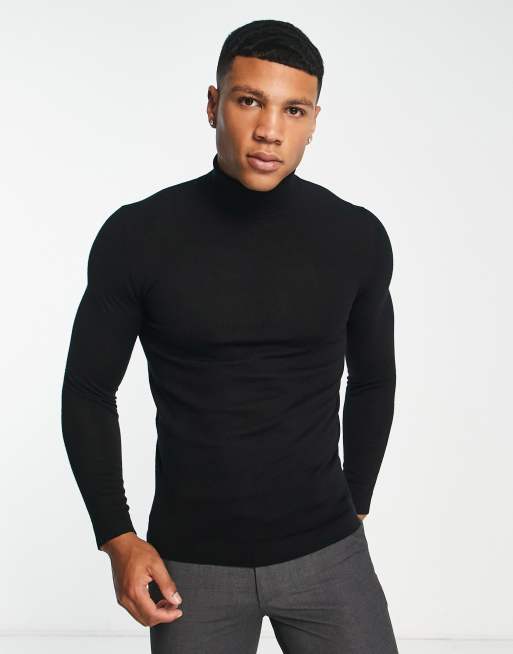 ASOS DESIGN – Czarny sweter z wełny merino o kroju podkreślającym sylwetkę z odwijanym golfem