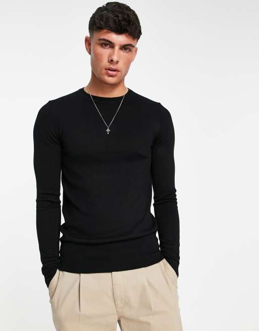 ASOS DESIGN – Czarny sweter z wełny merino z okrągłym dekoltem o kroju podkreślającym sylwetkę