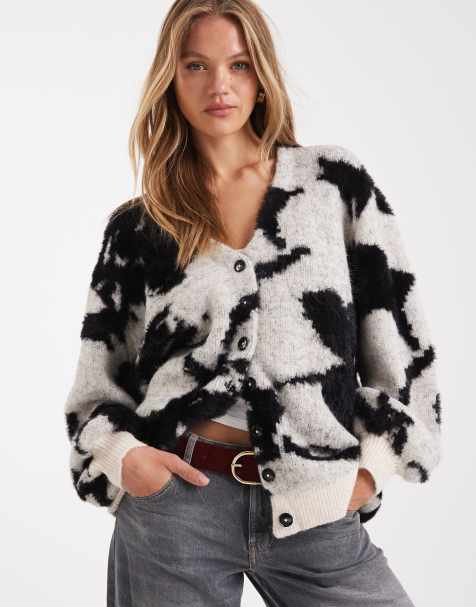 ASOS DESIGN brushed floral boyfriend cardigan in black