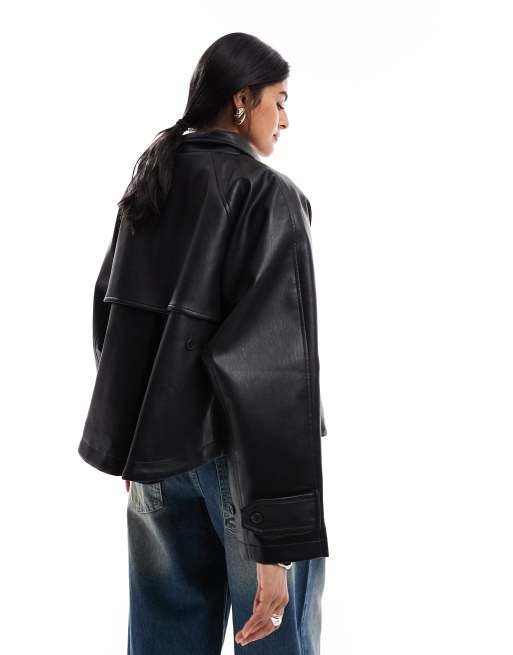 ASOS DESIGN – Czarny szeroki trencz z imitacji skóry, 4 z 4
