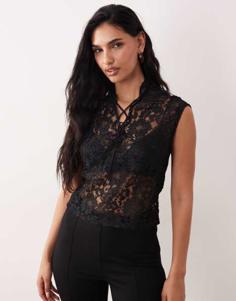 ASOS DESIGN – Czarny sznurowany koronkowy top - view 1