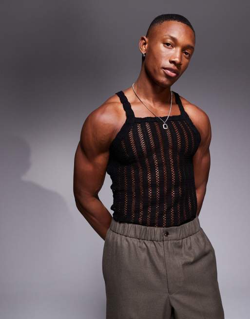ASOS DESIGN – Czarny szydełkowany top bez rękawów z dekoltem karo o fasonie podkreślającym sylwetkę