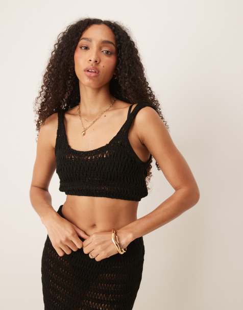 ASOS DESIGN knitted beach crop top in black