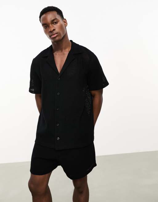 ASOS DESIGN – Czarny szydełkowany zestaw z koszulą z kołnierzykiem kubańskim i szortami