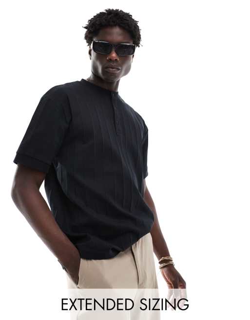 ASOS DESIGN – Czarny T-shirt henley o luźnym kroju 