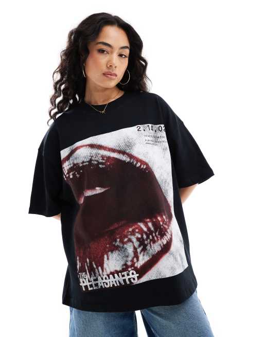 ASOS DESIGN – Czarny T-shirt o fasonie boyfriend z fotograficznym nadrukiem ust