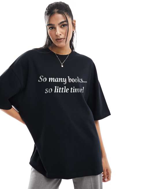 ASOS DESIGN – Czarny T-shirt o fasonie boyfriend z grafiką z napisem So Many Books