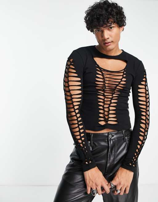 ASOS DESIGN – Czarny T-shirt o kroju podkreślającym sylwetkę z długim rękawem i sznurowaniem 