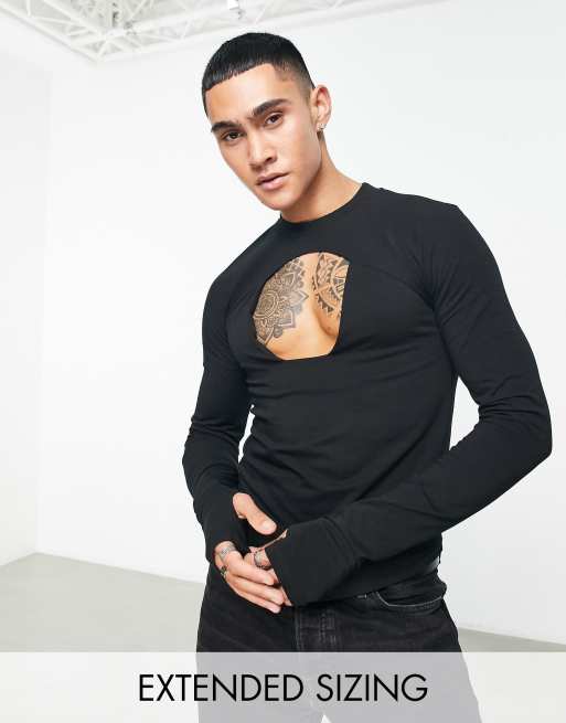 ASOS DESIGN – Czarny T-shirt o kroju podkreślającym sylwetkę z długim rękawem i wycięciem na ramionach 