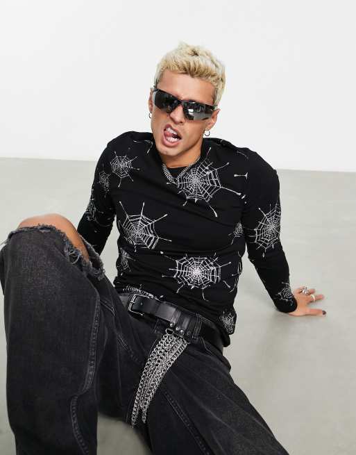 ASOS DESIGN – Czarny T-shirt o kroju podkreślającym sylwetkę z długimi rękawami i brokatowym wzorem w pajęczyny