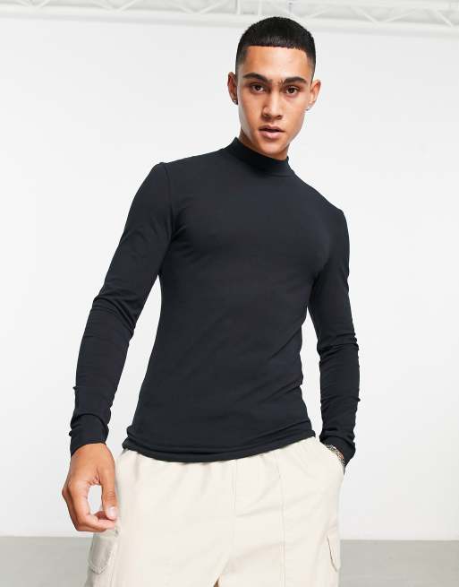 ASOS DESIGN – Czarny T-shirt o kroju podkreślającym sylwetkę z długimi rękawami i golfem 