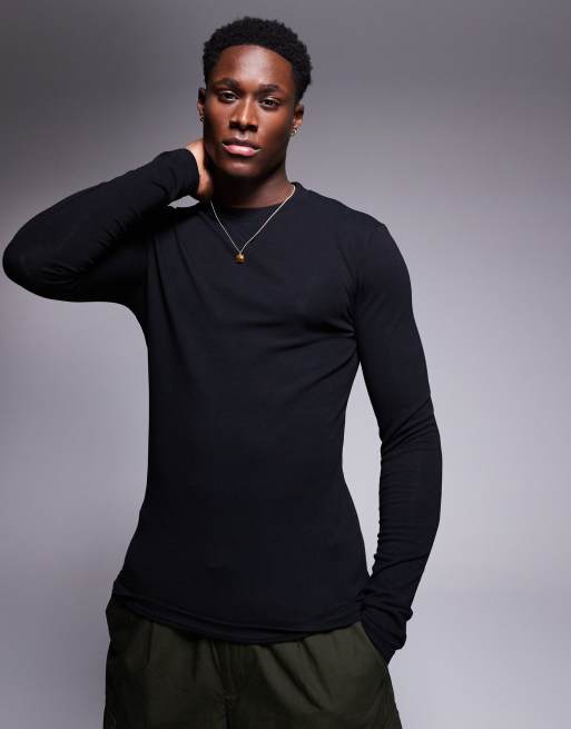ASOS DESIGN – Czarny T-shirt o kroju podkreślającym sylwetkę z długimi rękawami i grafiką na karku