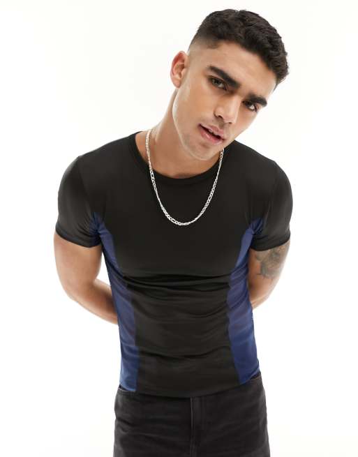 ASOS DESIGN – Czarny T-shirt o kroju podkreślającym sylwetkę z granatowymi siateczkowymi wstawkami z boku