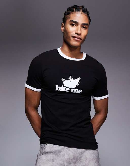 ASOS DESIGN – Czarny T-shirt o kroju podkreślającym sylwetkę z kontrastową lamówką, grafiką i napisem