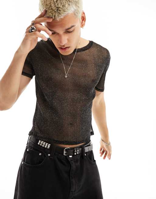 ASOS DESIGN – Czarny T-shirt o kroju podkreślającym sylwetkę z metalicznej siateczki 
