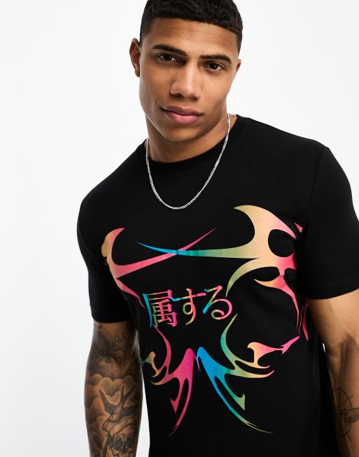 ASOS DESIGN – Czarny T-shirt o kroju podkreślającym sylwetkę z nadrukiem w stylu lat 90. na piersi