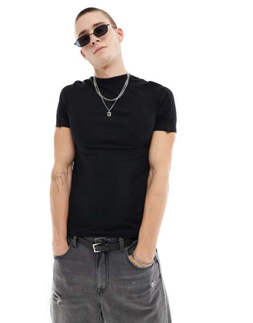 ASOS DESIGN – Czarny T-shirt o kroju podkreślającym sylwetkę z prążkowaną wstawką