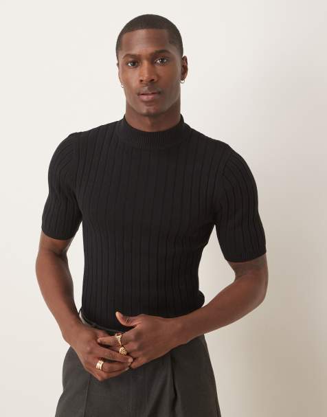 ASOS DESIGN – Czarny T-shirt o kroju podkreślającym sylwetkę z prążkowanej dzianiny z golfem - view 1