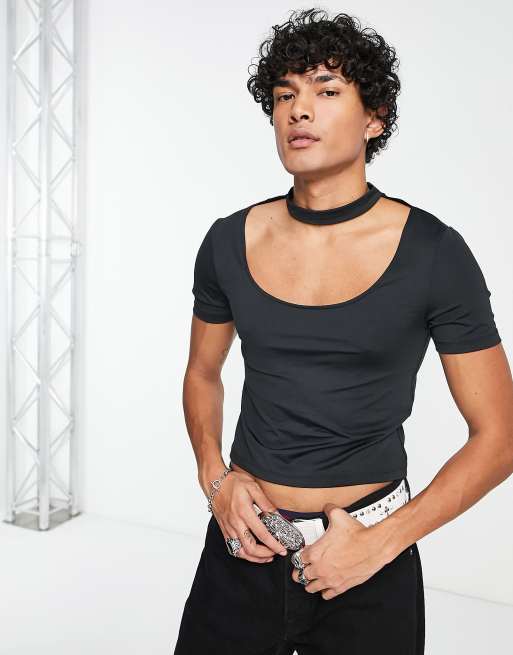 ASOS DESIGN – Czarny T-shirt o kroju podkreślającym sylwetkę z wycięciem na piersi