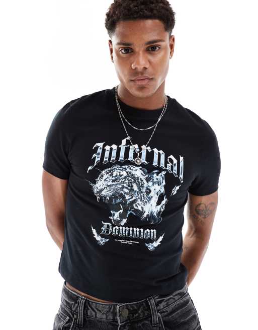 ASOS DESIGN – Czarny T-shirt o kroki podkreślającym sylwetkę z nadrukiem w stylu grunge z przodu