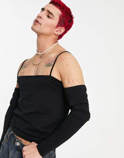 ASOS DESIGN – Czarny T-shirt o krótkim kroju podkreślającym sylwetkę z długimi rękawami i odsłoniętymi ramionami