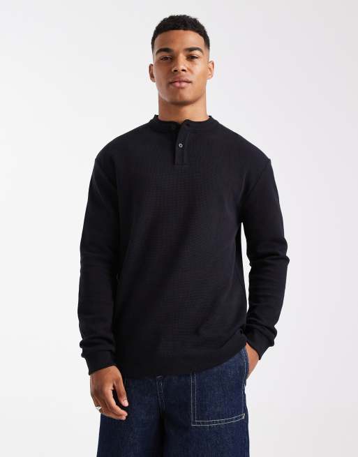 ASOS DESIGN – Czarny T-shirt o luźnym kroju i waflowej fakturze z długimi rękawami i dekoltem typu henley