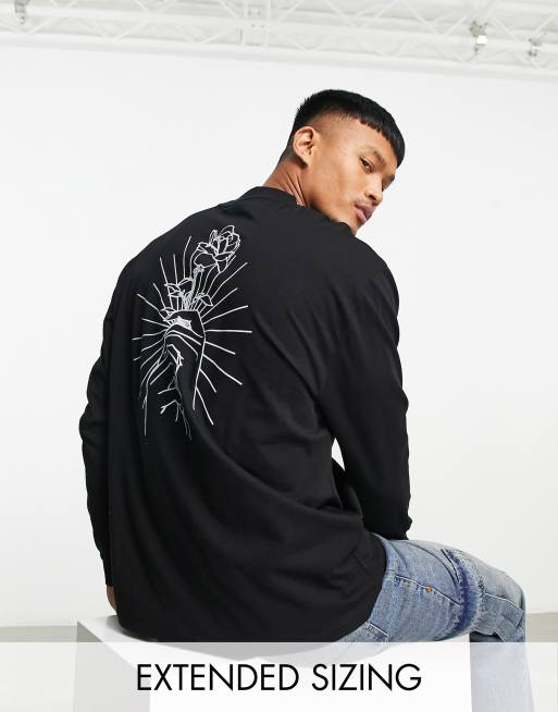 ASOS DESIGN – Czarny T-shirt o luźnym kroju z długim rękawem i rysunkiem róży na plecach