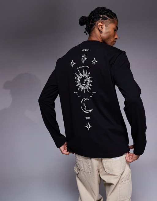 ASOS DESIGN – Czarny T-shirt o luźnym kroju z długim rękawem z pionową astrologiczną grafiką