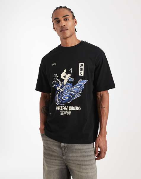 ASOS DESIGN – Czarny T-shirt o luźnym kroju z grafiką surfera na plecach - view 1